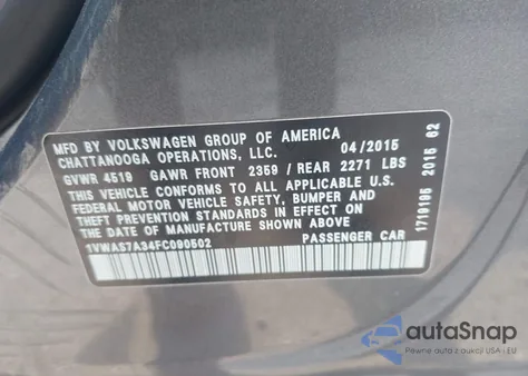 2015 Volkswagen Passat 1.8T Limited Edition из США, поврежденный, VIN 1VWAS7A34FC090502